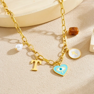 Collier doré en acier inoxydable avec pendentifs cœur œil bleu et perles chics
