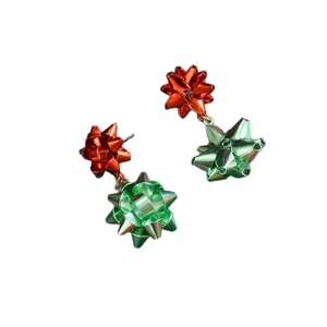 Christmas gift flower ball stud earrings in metallic red and green alloy on white background