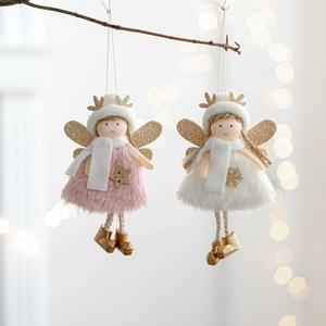 Christmas Angel Plush Hanging Ornaments With Antlers Gold Wings Knitted Hat For Tree Holiday Party Decoration Cute