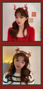 Detail of plush Christmas reindeer antlers headband on model with festive holiday decorations