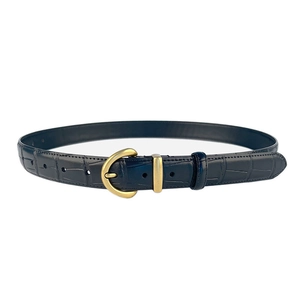 Navy blue crocodile pattern leather belt with golden metal pin buckle on white background