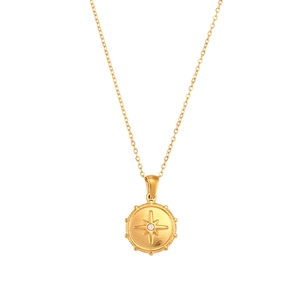 Elegant gold stainless steel necklace featuring a circular starburst medallion pendant