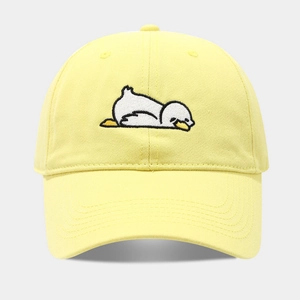 Cute yellow cotton baseball cap featuring embroidered white duck with soft curved brim