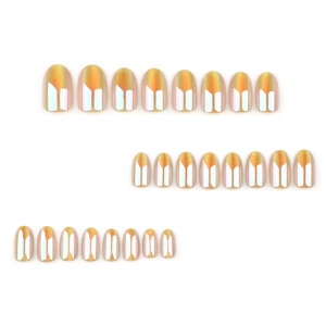 Set van 24 ronde aurora oranje plaknagels met iriserend metallic kameleon effect