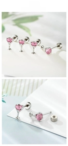 Detail of pink heart zircon stud earring with a creative cocktail glass base design