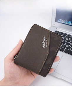 Close-up of Baellerry men's short wallet with zip and textured matte brown finish