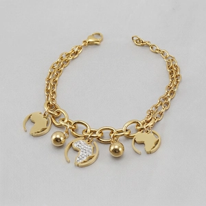 Bracelet Charme Continent Carte Afrique Acier Inoxydable Plaqué Or 18K Double Chaîne Strass Bijoux Femmes