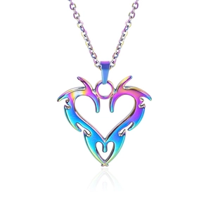 Macro shot of 18k gold plated rainbow heart flame pendant on silver necklace