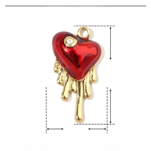 Macro detail of red heart pendant with rhinestone, showing 17mm x 9mm size parameters