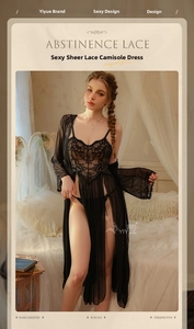 Close-up of elegant black lace sheer nightgown with intricate floral mesh embroidery detail