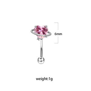 Detail view of pink heart zircon eyebrow piercing ring in stainless steel with 6mm size