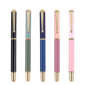 Five Morandi metal business fountain pens in assorted colors with gold trim on white background