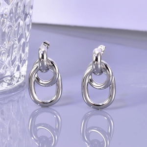 Boucles d'oreilles doubles anneaux géométriques en acier inoxydable argenté poli