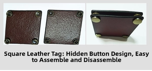 Detail of square brown leather patch with bronze snap buttons for canvas aprons