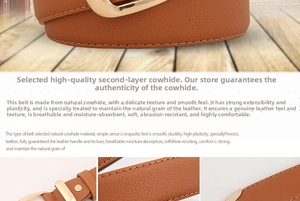 Close-up of caramel brown leather belt with lychee texture and gold metal buckle
