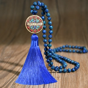 Collana Lunga Perline In Pietra Naturale Fatta A Mano Con Ciondolo In Lega E Nappina In Raso Blu Stile Boho Vintage