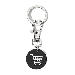 Porte-clés jeton de caddie en acier inoxydable avec icône noire sur fond blanc pur
