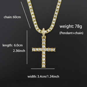 Detailed size specifications for the gold tennis chain with a large iced-out cross pendant
