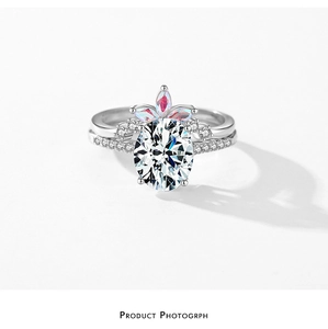 Macro view of S925 silver ring set featuring oval zircon crown and sparkling band