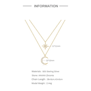 Close-up of double layer S925 sterling silver star and moon necklace with AAAAA zircon