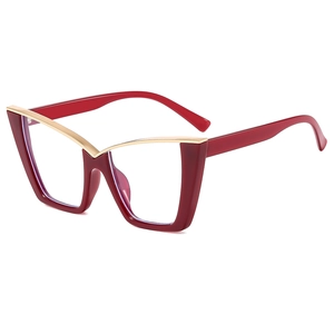 Fashionable wine red cat eye glasses frame with elegant gold V-shaped metal bridge design