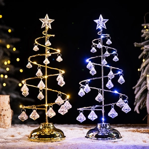 Christmas Tree Tabletop LED Lamp Metal Spiral Frame Acrylic Crystal Pendants Star Topper Holiday Party Desktop Decor