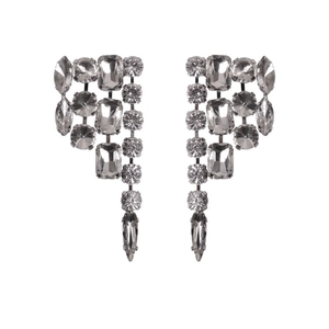 Exaggerated silver drop earrings with tiered rhinestones for formal evening events