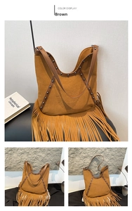 Detailed views of a brown suede bag featuring sun moon embossing and fringe details