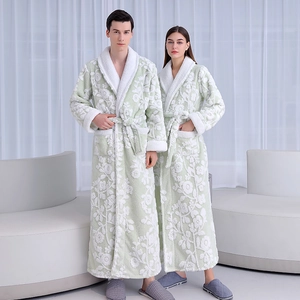 Thick jacquard fleece long bathrobes for couples in light green with embossed patterns