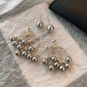 French vintage silver needle stud earrings with grey pearls and tassel drop style