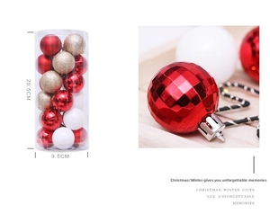 Detail of multi-textured Christmas balls in a PVC box with size dimensions shown