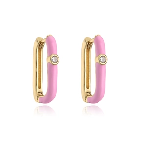 Pink enamel rectangle hoop earrings in gold plating with a central zircon stone