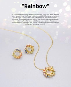 Close-up of rainbow sunburst necklace and earrings set with colorful cubic zirconia