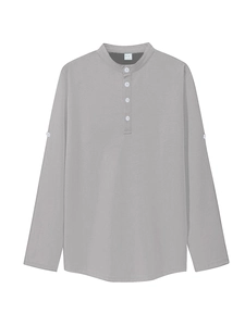 Close-up of grey waffle knit fabric and four-button placket detail on men's long sleeve polo