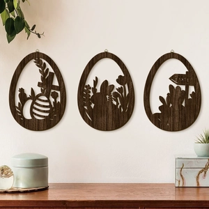 Three-piece Easter wooden hollow hanging eggs with rabbit and flower patterns