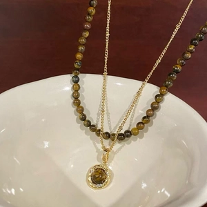 Double-layered tiger eye stone beaded necklace with gold plated round pendant for women