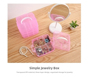 Three-layer pink translucent jewelry box with top handle and multi-grid storage