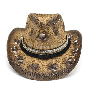 Women Straw Cowboy Hat Hollow Breathable Paper Fiber Gradient Summer Beach Sun Hat Tassel Band Bohemian Western Style