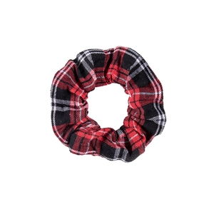 Classic red and black plaid fabric scrunchie for women hair styling on white background