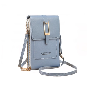 Minimalist fog blue PU leather crossbody cell phone bag with dual zipper compartments