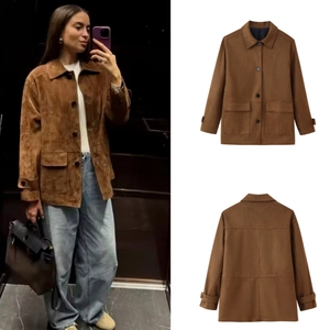 Women Faux Suede Jacket Button Down Lapel Long Sleeve Flap Pockets Vintage Workwear Casual Brown