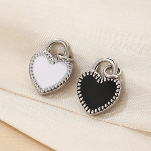 Black and white enamel heart pendants with silver metal borders for DIY jewelry making