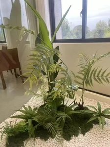 Detail of artificial moss lawn with ferns and white pebbles for indoor landscaping