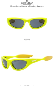 Detailansichten der neongrünen Cat-Eye-Sportsonnenbrille mit grauen Gläsern und Goldakzenten