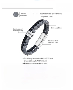 Detail of men's leather stone bracelet showing magnetic clasp and custom name plate
