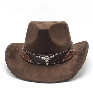 Classic dark brown suede western cowboy hat featuring silver bull head metal ornament