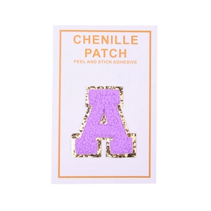 Purple Chenille Letter A Patch with Gold Glitter Trim and Self-Adhesive Backing