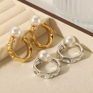 Irregular Ripple C-Shape Hoop Earrings Stainless Steel 18K Gold Plated Large Artificial Pearl Inlaid Elegant Minimalist For Women