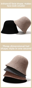 Close-up of wool bucket hat texture in classic black, oat, and gray winter colors