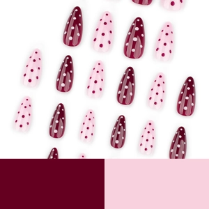Kurze Mandel-Kunstnägel in Weinrot und Rosa mit elegantem Polka-Dot-Punktmuster